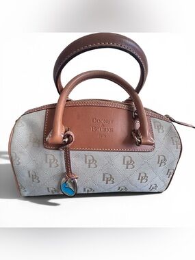 Dooney & Bourke Tan Leather Trim Signature Satchel with Cream Logo Canvas